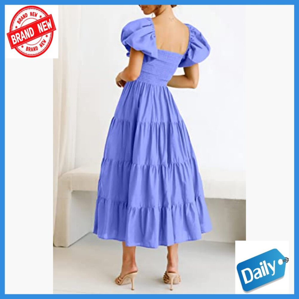 Puffy Sleeve Square Neck Smocked Midi Dress Tiered Ruffle Summer Casual - Picture 4 of 7
